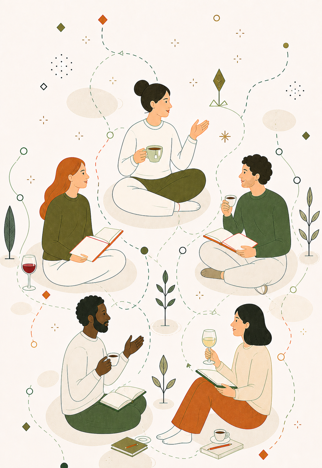 Five Italian learners connecting over tea, coffee, wine and notebooks