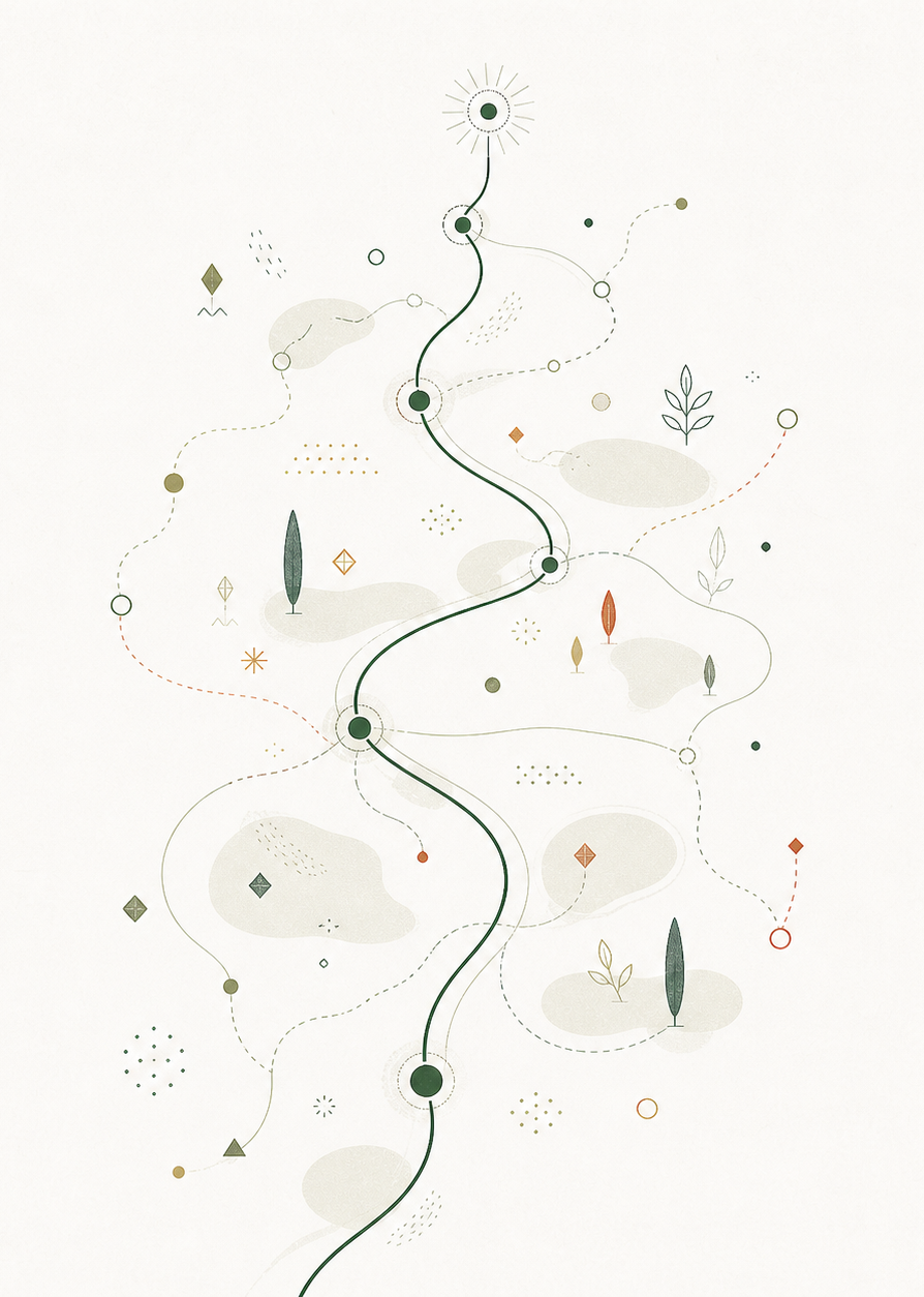 An illustrated overhead map with a clear central route and gentle branching paths