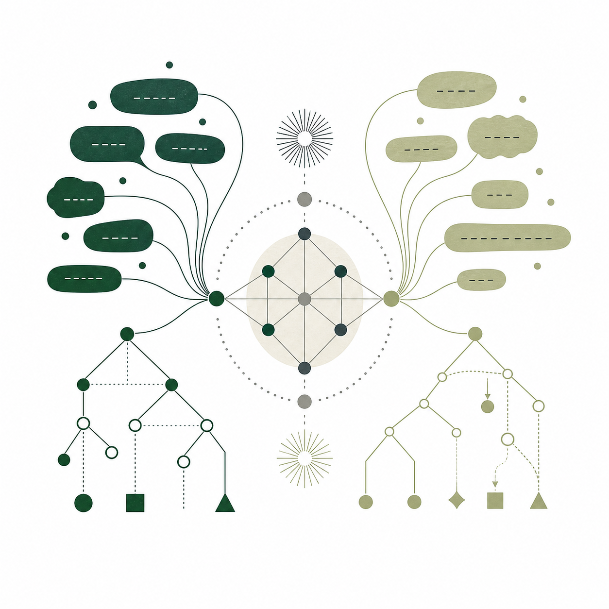 Two connected systems of shapes and lines, representing relationships between English and Italian