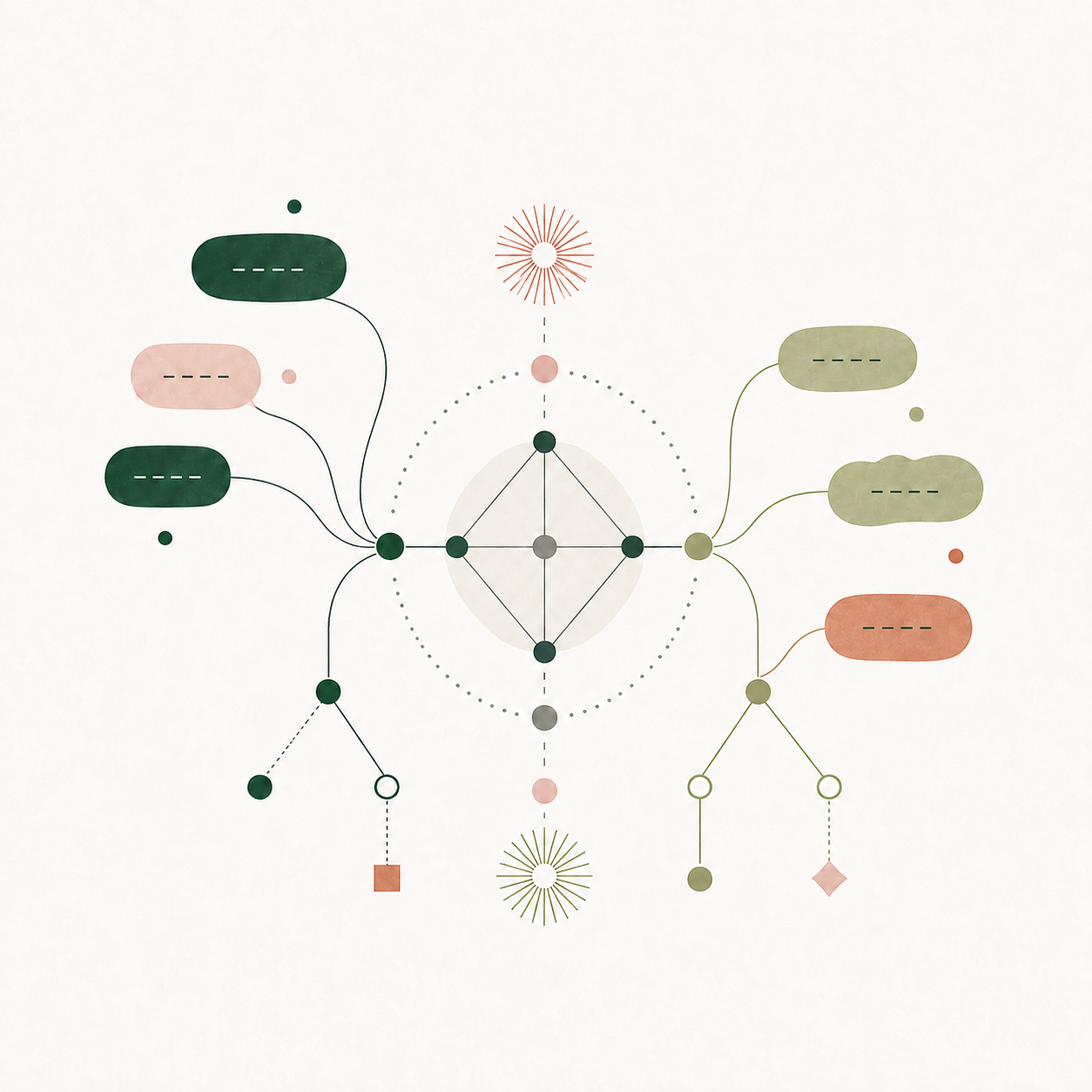 Two connected systems of shapes and lines, representing relationships between English and Italian