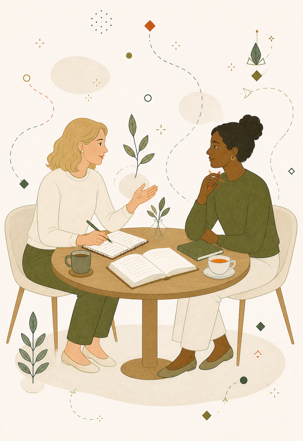 A teacher and adult student learning together at a table with notebooks, coffee and tea